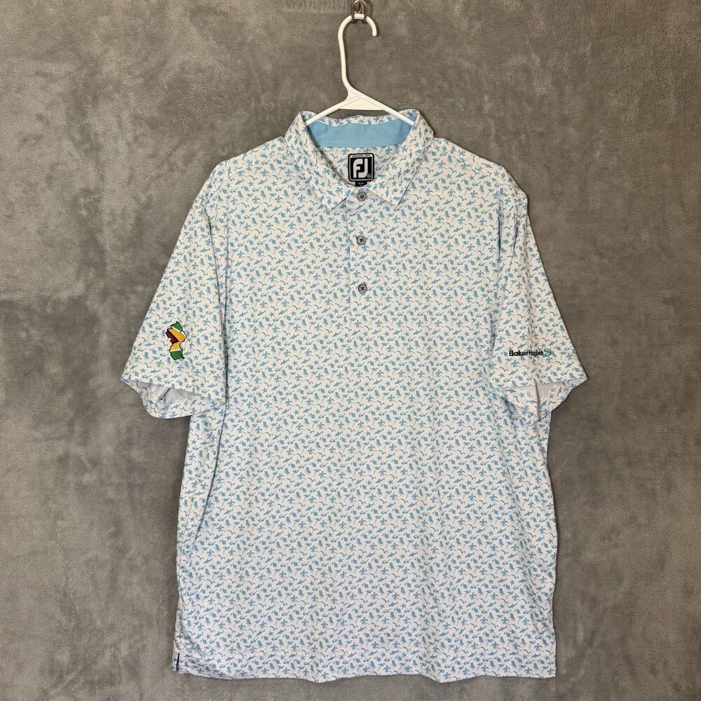 FootJoy Polo Shirt XL AOP Beach Golf Athletic Fit Blue Shark Baker Hughes Logo
